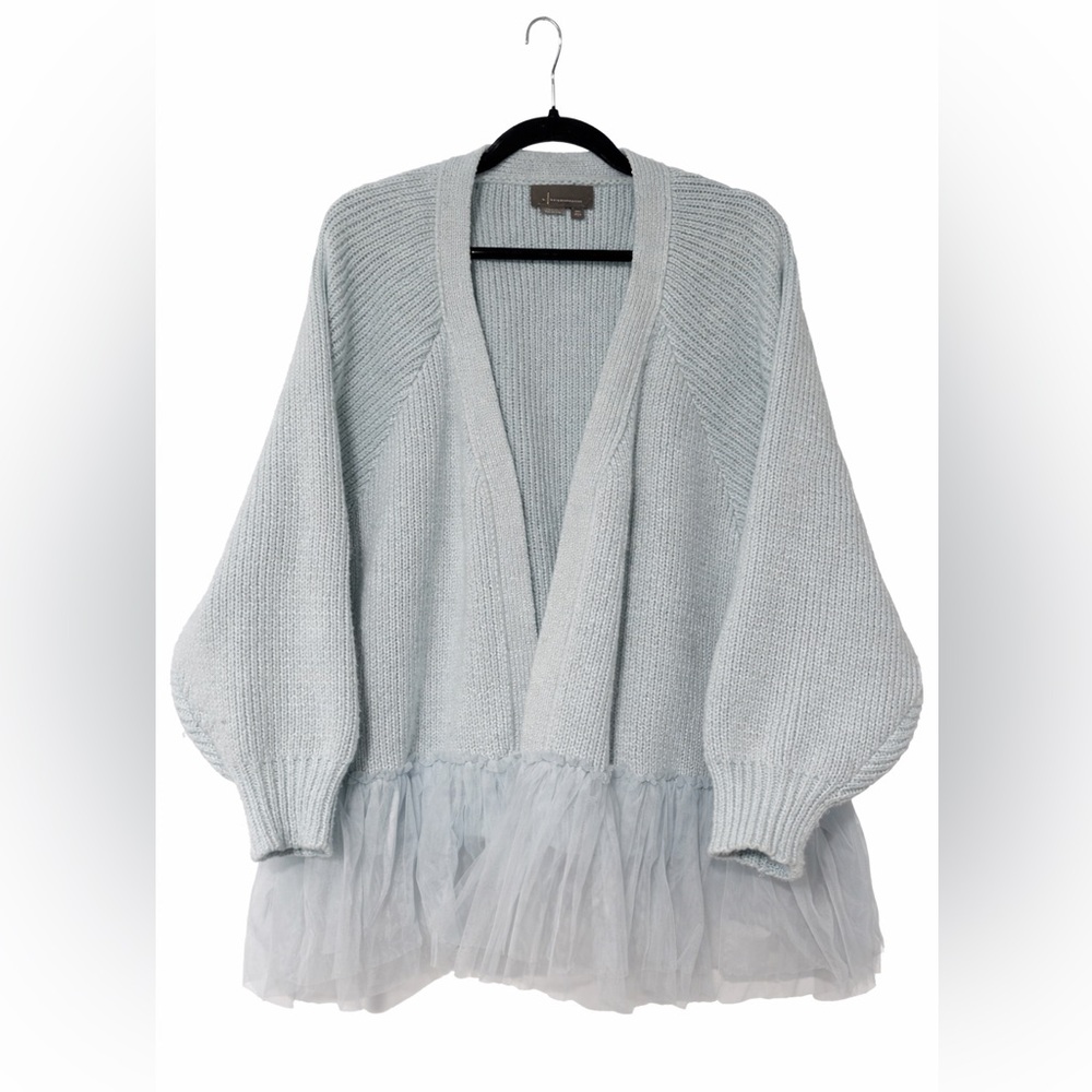 Anthropologie Pale Blue Knit Cardigan with Tulle Hem
